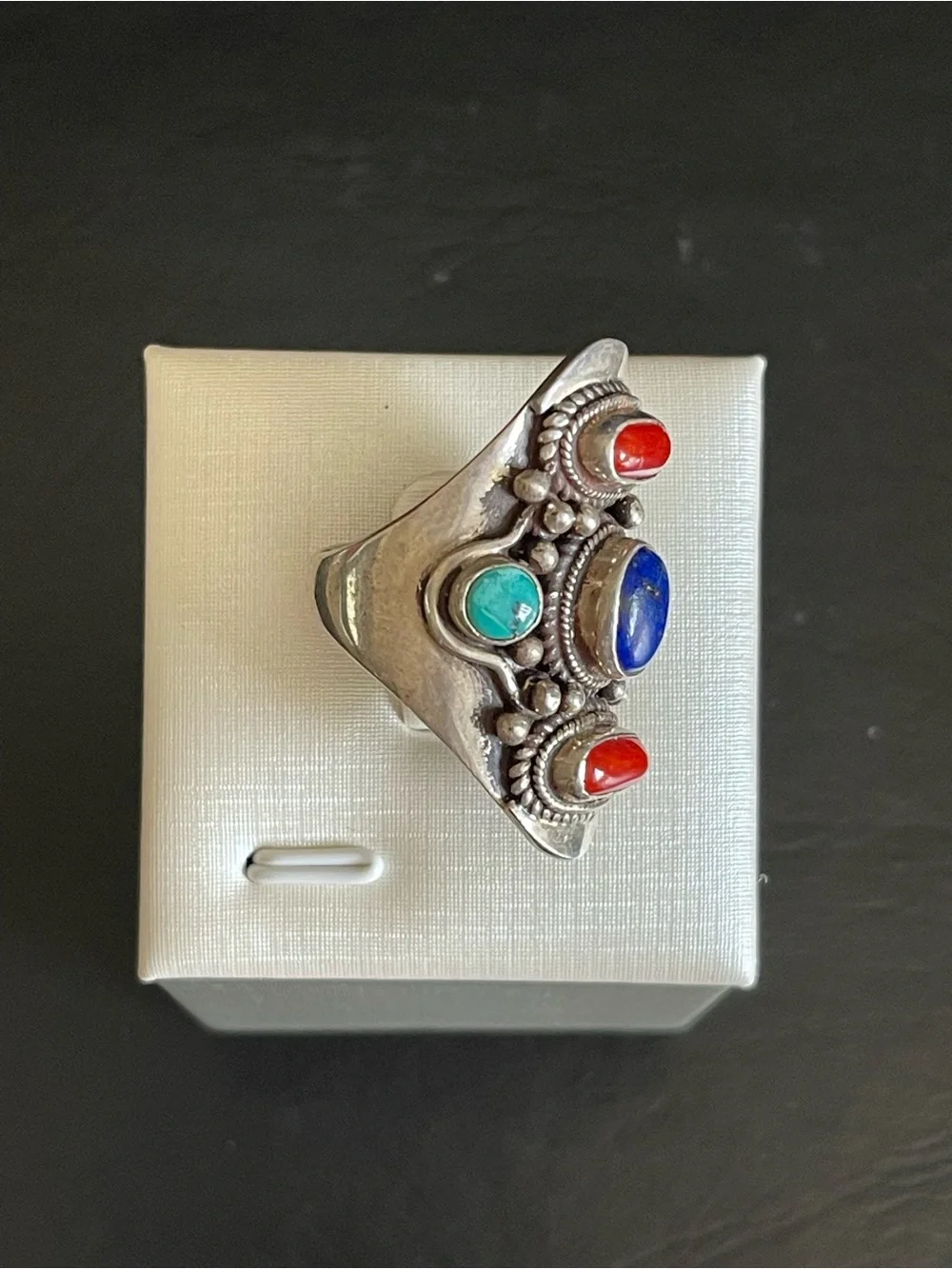 Vintage 925 Sterling genuine lapis turquoise,red coral Statement Ring.